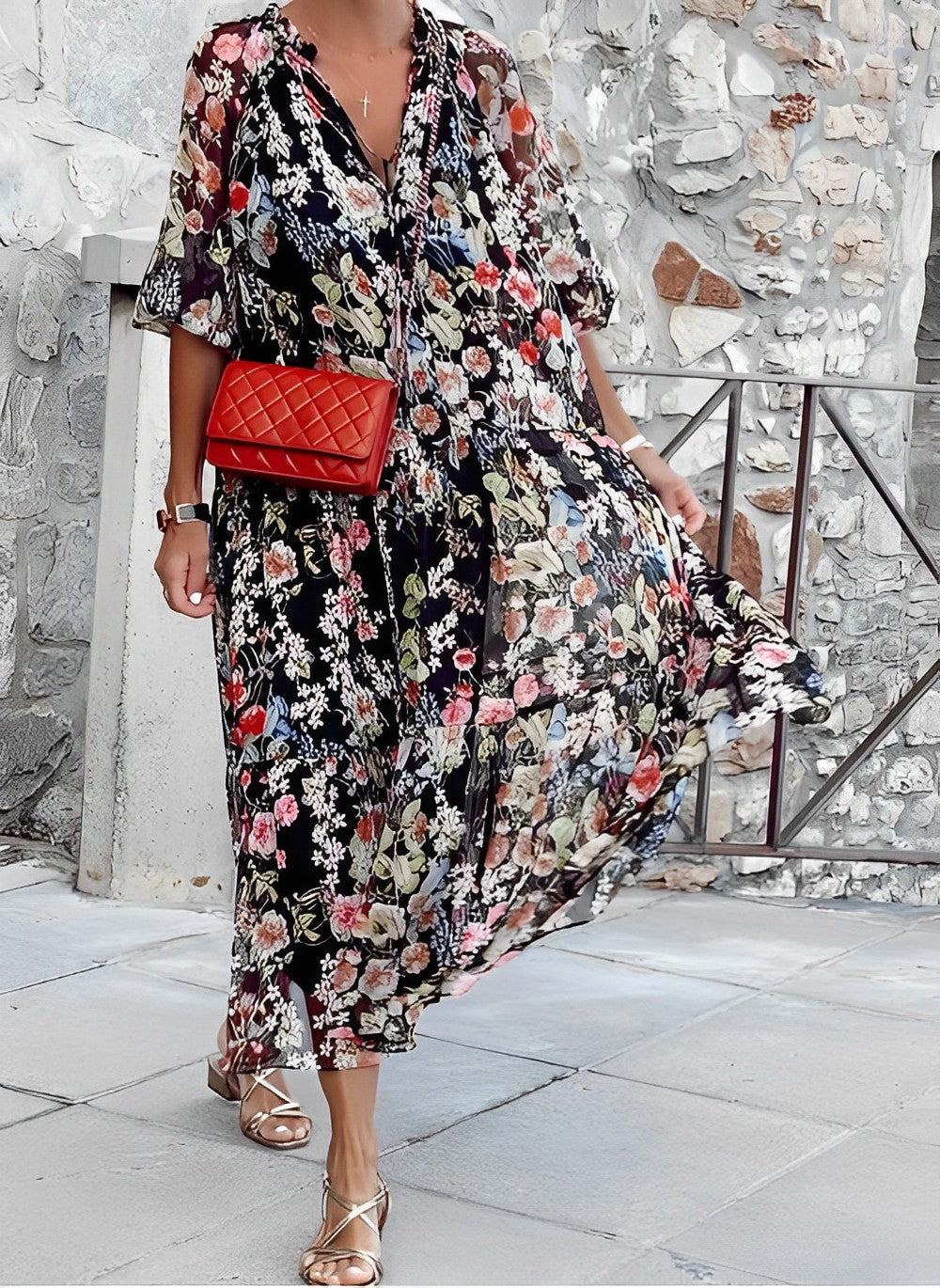 Blinke Ja sum Lydia - Ibiza Fashion kvinders kjole med V-hals V-hals med blomsterpri –  Ejvind-Kobenhavn