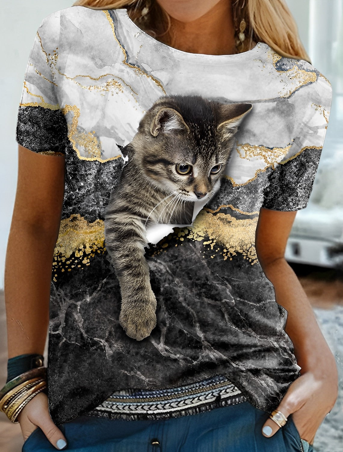 hældning Dinkarville petulance Kvinder T shirt grafisk kat Print kort ærme Daily Vintage rund hals 3D –  Ejvind-Kobenhavn