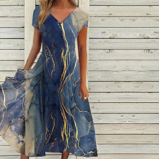 Golden Blue Ocean Wave Marble Print Midi-kjole