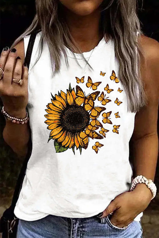 Sunflower Butterfly Lige Tank Top med rund hals