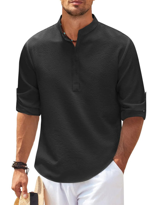 2023 Henley-skjorte i hør til mænd, langærmet afslappet T-shirt