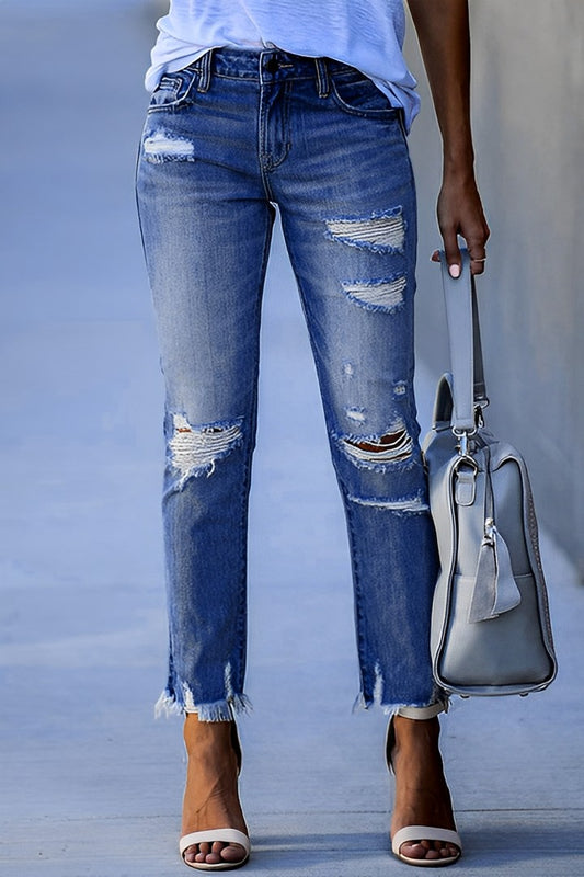Jeans med rå søm med nødlidende rå kant med lige ben