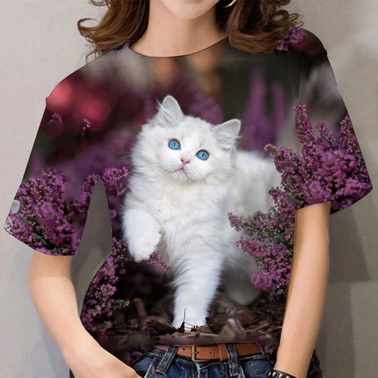 T-shirt med 3D-katteprint til damer