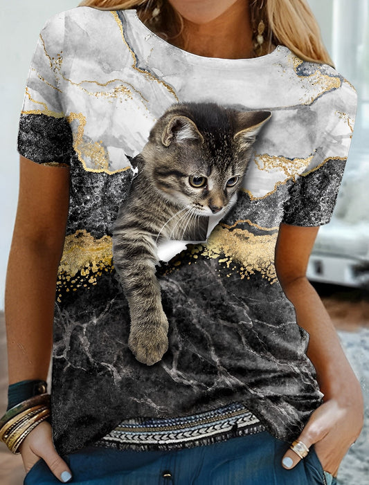 Kvinder T shirt grafisk kat Print kort ærme Daily Vintage rund hals 3D kat maleri
